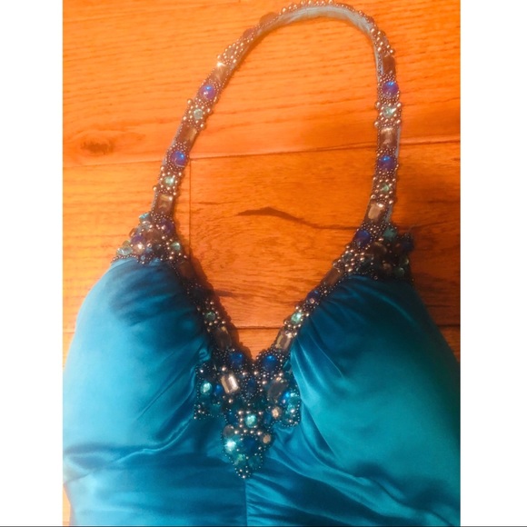 Turquoise Maxi Dress w/ Rhinestone Halter Neck - Picture 4 of 6